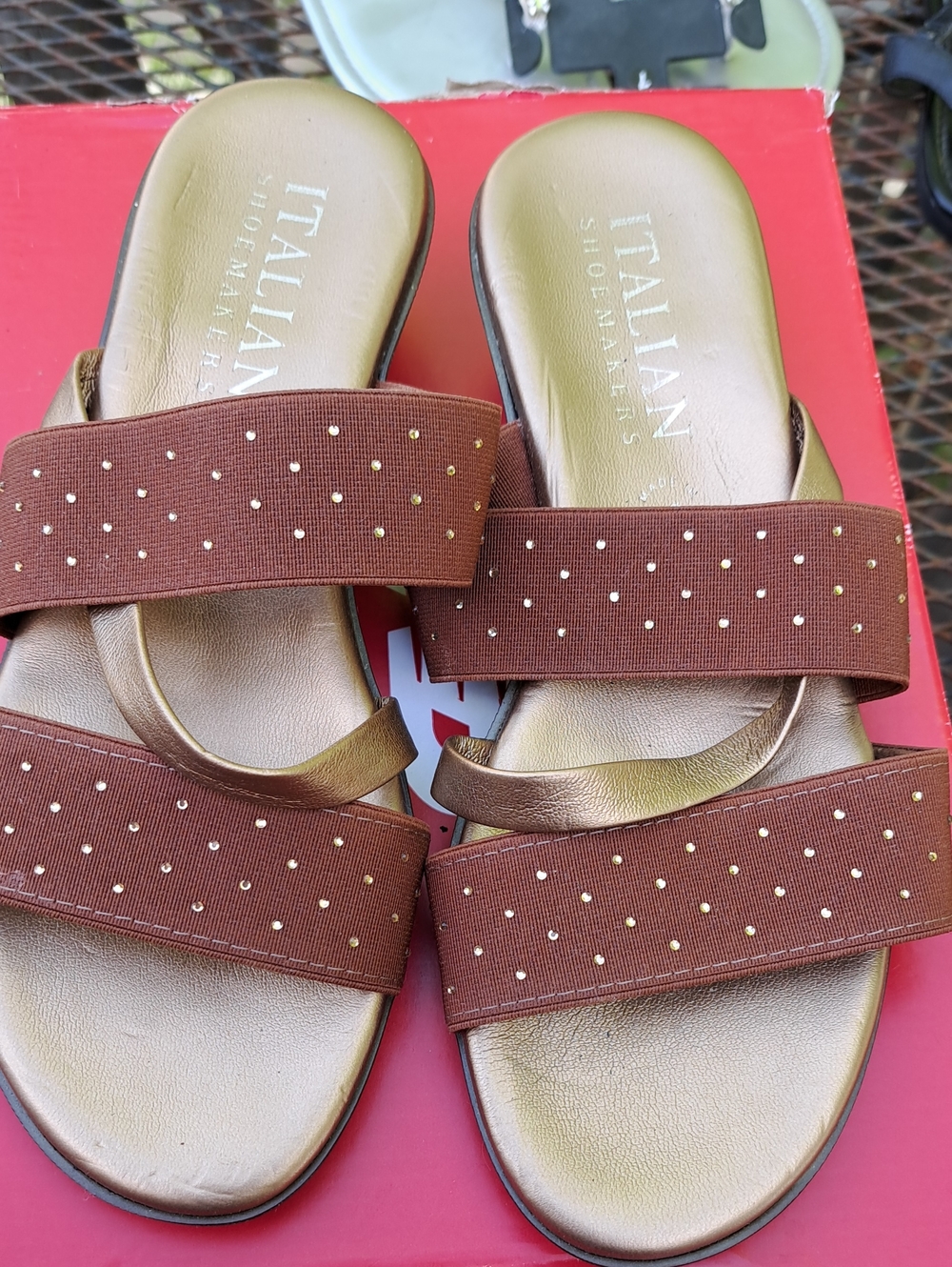 Italian Shoemakers Brown and Gold Slide Sandals with Stud Accents